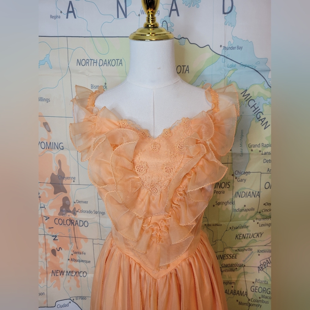 Vintage 1970s Full-length Prom Dress Peach Ruffles Long Flowy Chiffon Formal - Picture 2 of 16